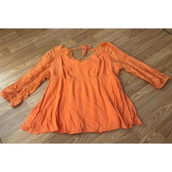 Torrid Orange Swiss Dot Lace Detail 3/4 Sleeve Tunic Blouse Size 1 - Picture 3 of 11